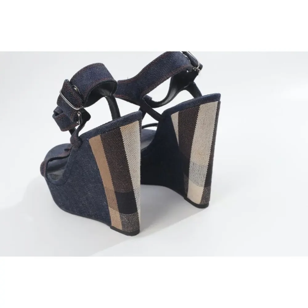 Burberry Navy Denim Buckle Ankle T-Strap Wedge Sandals Designer Shoes Size 38.5 - Picture 8 of 16